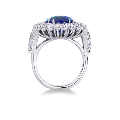 Diamond double halo with blue sapphire white gold 18k