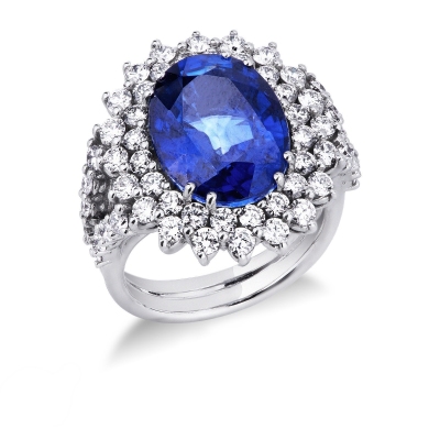 Diamond double halo with blue sapphire white gold 18k