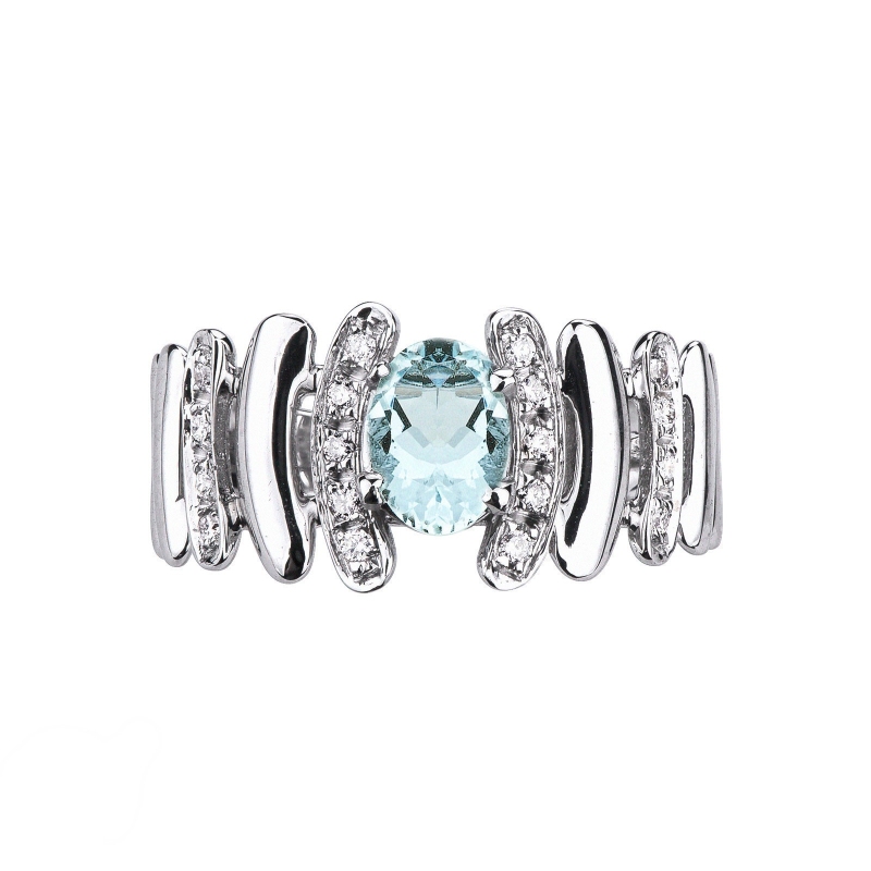 White gold 18k irregular band ring with aquamarine and diamonds