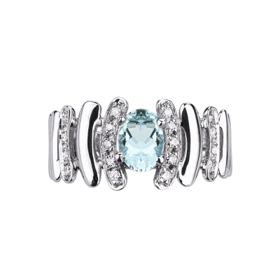 White gold 18k irregular band ring with aquamarine and diamonds