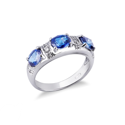 Trilogy ring in white gold 18k with blue sapphires and diamonds