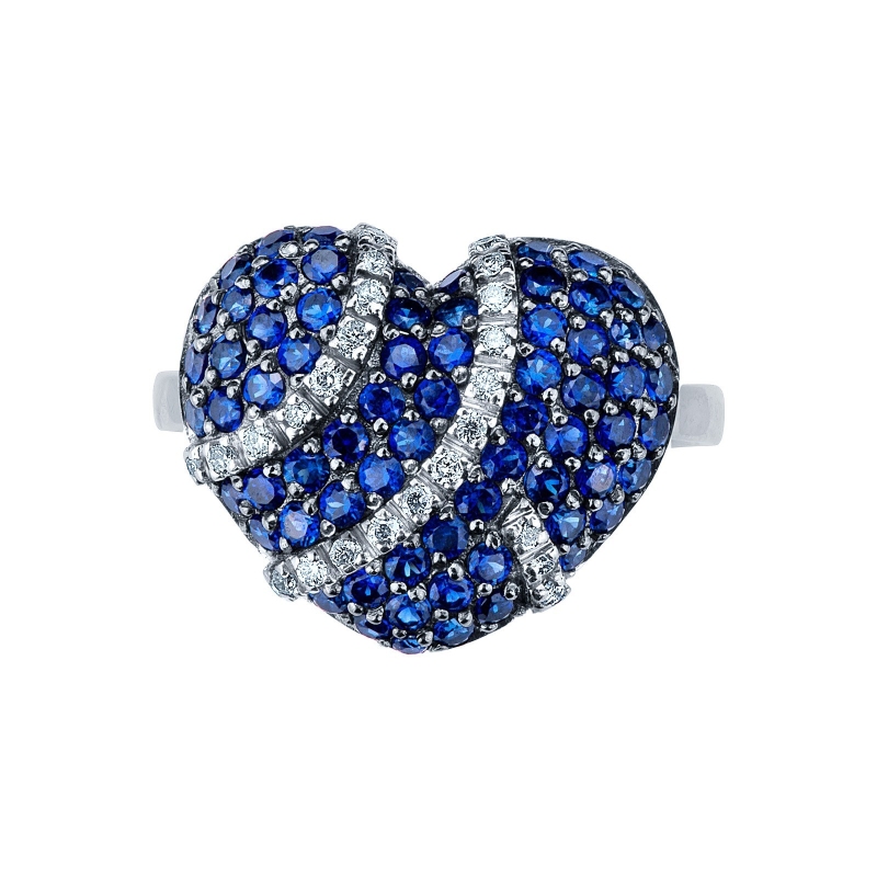 White gold 18k ring with pavé of blue sapphires and diamonds heart shaped White gold 18k ring with pavé of blue sapphires and diamonds heart shaped