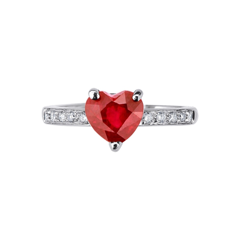 18k white gold with ruby heart cut and diamonds shoulder set  18k white gold with ruby heart cut and diamonds shoulder set