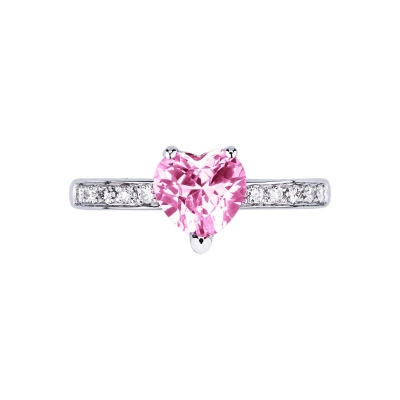 750 white gold ring with pink sapphire heart cut and diamonds shoulder set 