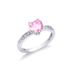 750 white gold ring with pink sapphire heart cut and diamonds shoulder set