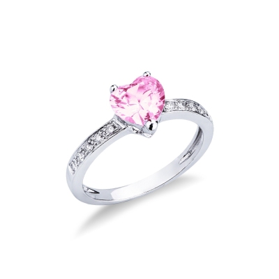 750 white gold ring with pink sapphire heart cut and diamonds shoulder set 