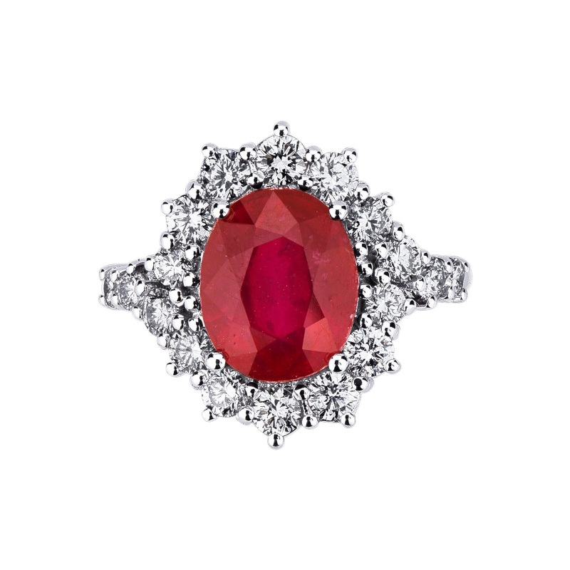 White gold 18k halo ring with ruby and diamonds  White gold 18k halo ring with ruby and diamonds