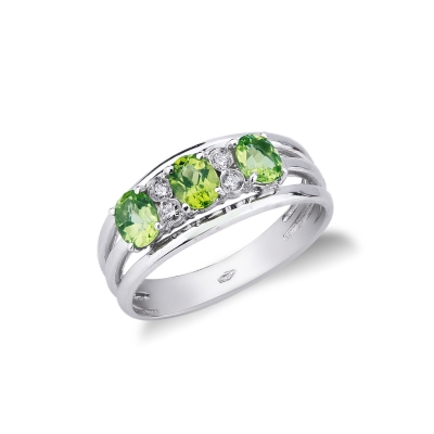 Triple band ring in white gold 18k with peridot and diamonds 