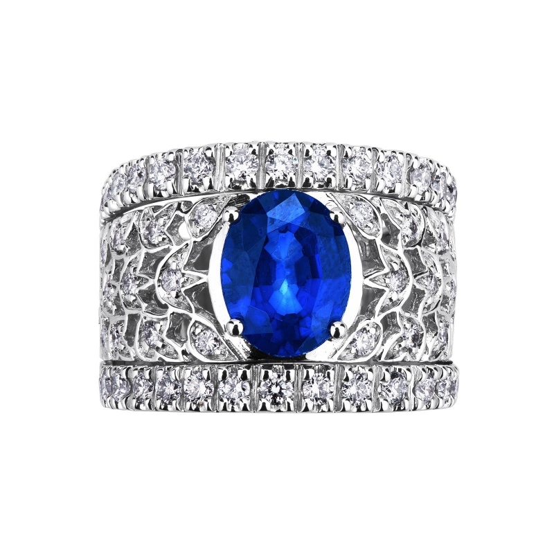18k white gold band ring with blue sapphire and diamonds  18k white gold band ring with blue sapphire and diamonds