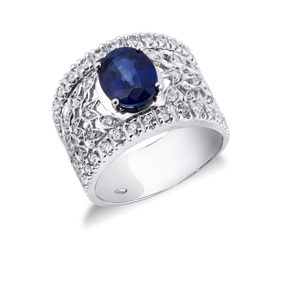 18k white gold band ring with blue sapphire and diamonds 