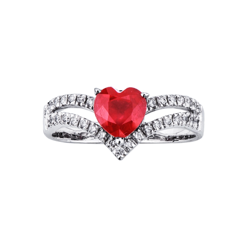 18k white gold ring with a central ruby heart cut and diamonds  18k white gold ring with a central ruby heart cut and diamonds