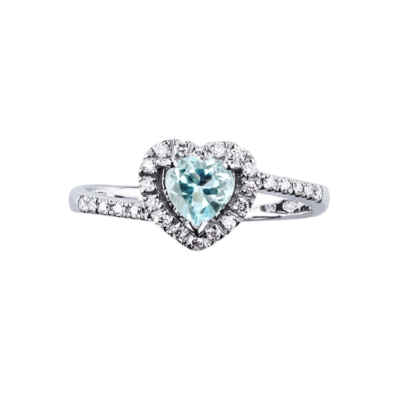 White gold 18k halo ring with aquamarine heart cut and diamonds  White gold 18k halo ring with aquamarine heart cut and diamonds