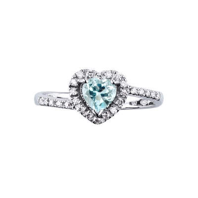 White gold 18k halo ring with aquamarine heart cut and diamonds 