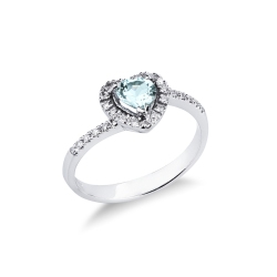 White gold 18k halo ring with aquamarine heart cut and diamonds