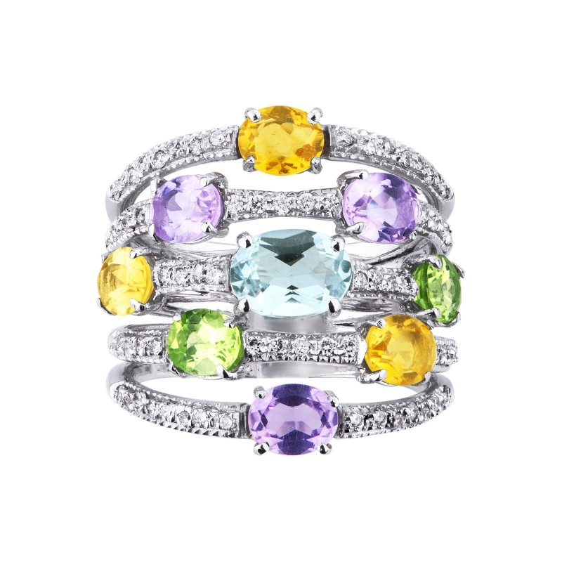 18k white gold band ring with multicolor gemstones and diamonds  18k white gold band ring with multicolor gemstones and diamonds