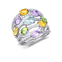 18k white gold band ring with multicolor gemstones and diamonds