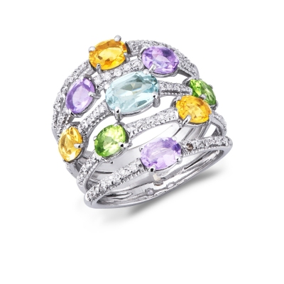 18k white gold band ring with multicolor gemstones and diamonds 