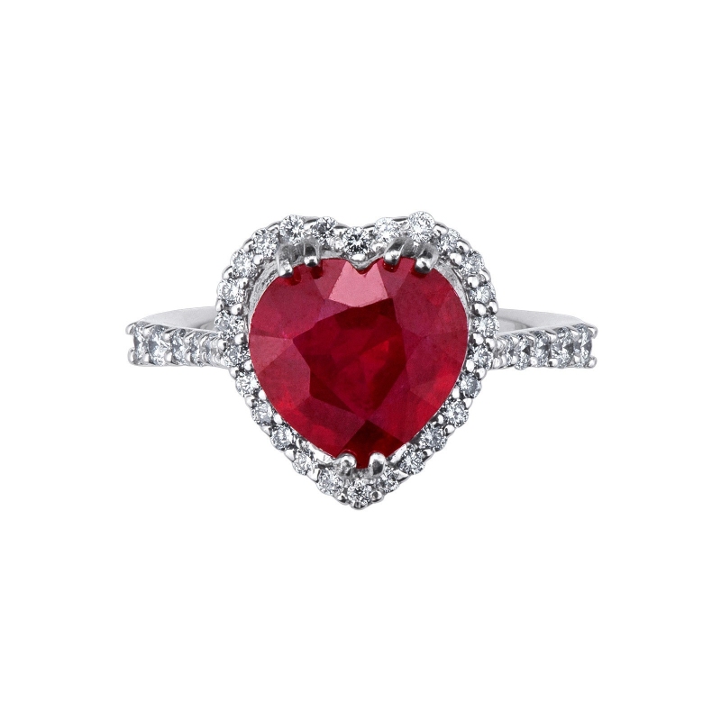 White gold 18k halo ring with a heart cut ruby and diamonds  White gold 18k halo ring with a heart cut ruby and diamonds