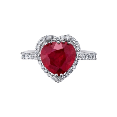 White gold 18k halo ring with a heart cut ruby and diamonds 