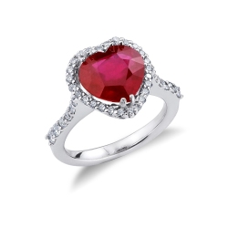 White gold 18k halo ring with a heart cut ruby and diamonds
