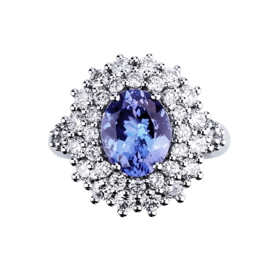 Tanzanite double diamond halo ring in 18kt white gold