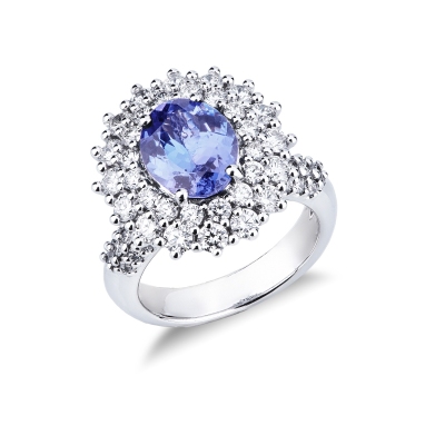 Tanzanite double diamond halo ring in 18kt white gold