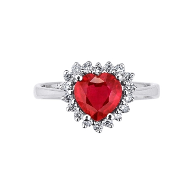18k white gold halo ring heart cut ruby and diamonds 