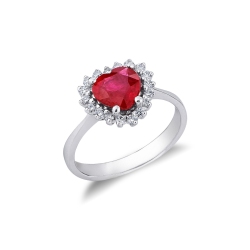 18k white gold halo ring heart cut ruby and diamonds