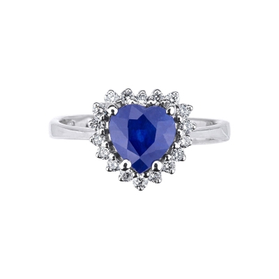 White gold 18k halo ring with blue sapphire heart cut and diamonds 