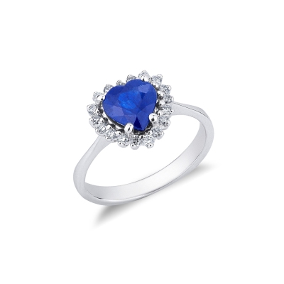 White gold 18k halo ring with blue sapphire heart cut and diamonds 
