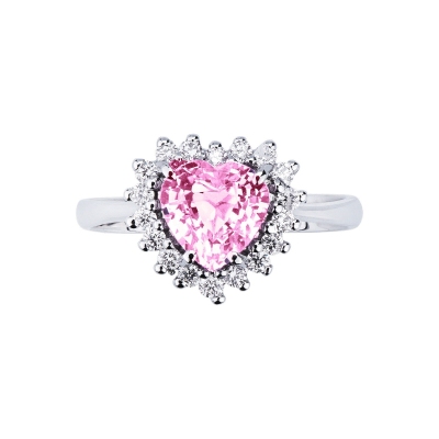 White gold 18k halo ring with a heart cut pink sapphire and diamonds