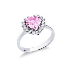 White gold 18k halo ring with a heart cut pink sapphire and diamonds