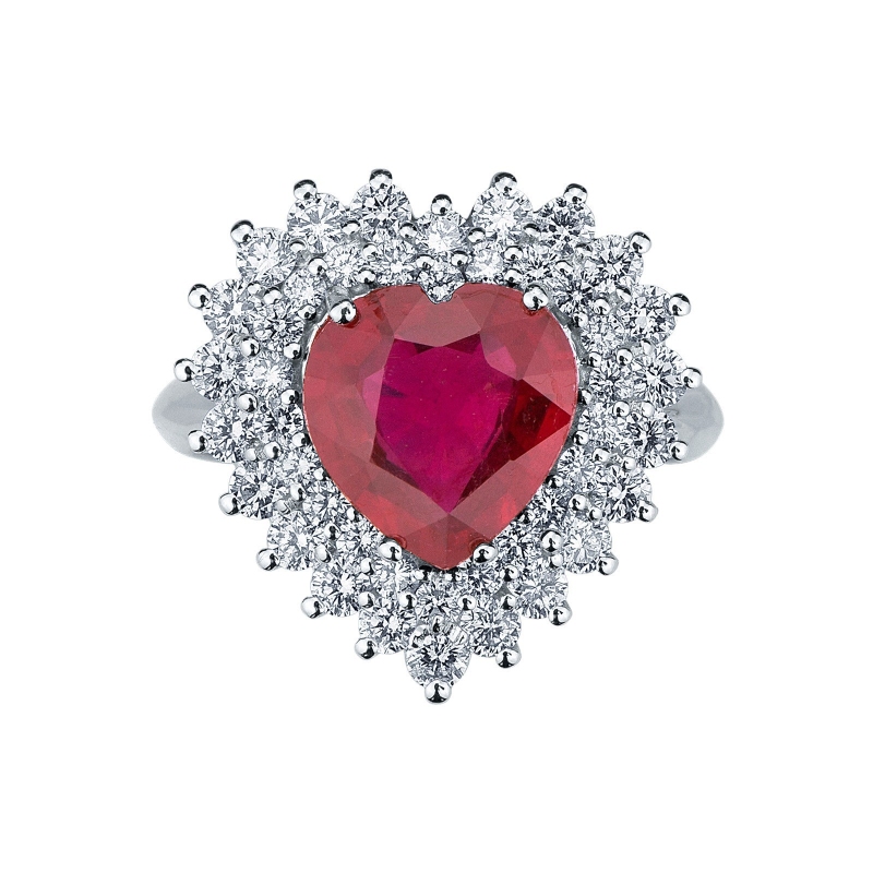 Diamond double halo ring with a heart cut ruby white gold 18k Diamond double halo ring with a heart cut ruby white gold 18k