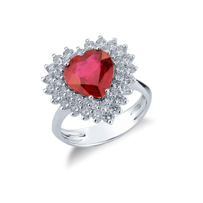 Diamond double halo ring with a heart cut ruby white gold 18k