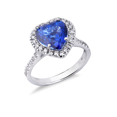 Halo ring white gold 18k with heart cut blue sapphire and diamonds 
