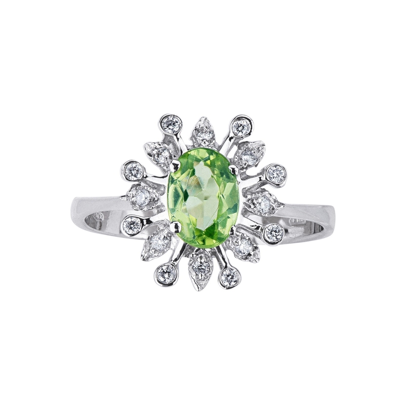 Modern halo setting ring with green peridot and diamonds in 18kt white gold Modern halo setting ring with green peridot and diamonds in 18kt white gold