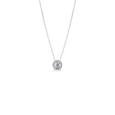 Necklace in white gold 18k with halo pendant in diamonds and central diamonds, of about 0.10 ct