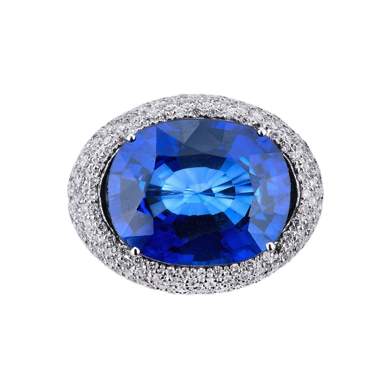 White gold 18k band ring with blue sapphire and diamonds pavé