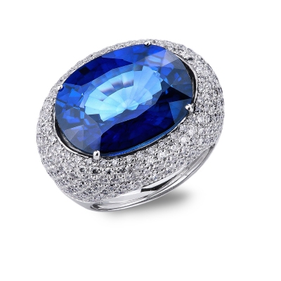White gold 18k band ring with blue sapphire and diamonds pavé