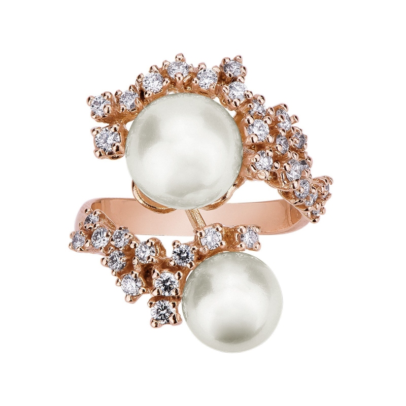 18k rosé gold ring with pearls and diamonds 