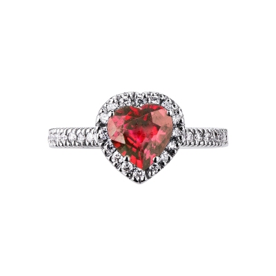 Halo ring with a ruby heart cut and diamonds shoulder set white gold 18k