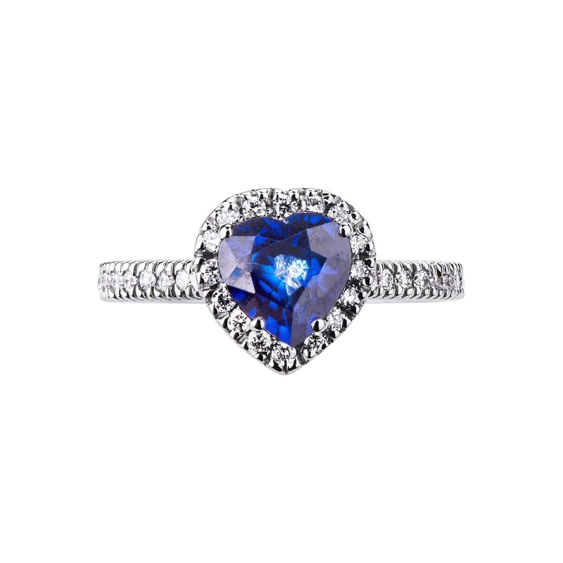 Halo ring with blue sapphire heart cut and diamonds white gold 18k Halo ring with blue sapphire heart cut and diamonds white gold 18k