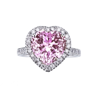 Heart-cut pink sapphire engagement ring with diamonds in 18kt white gold