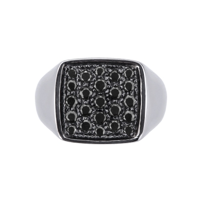 White gold 18k pinky ring with black diamonds rectangular pavé 