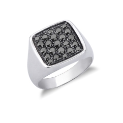 White gold 18k pinky ring with black diamonds rectangular pavé