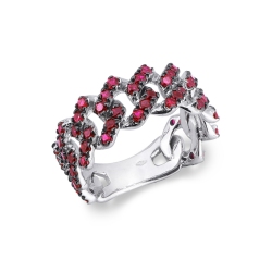 18k white gold cuban chain link ring with rubies