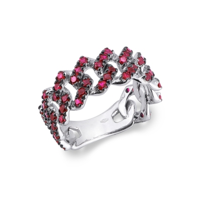 18k white gold cuban chain link ring with rubies 