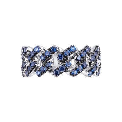 18k white gold cuban chain link ring with blue sapphires 