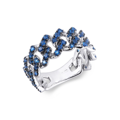 18k white gold cuban chain link ring with blue sapphires 