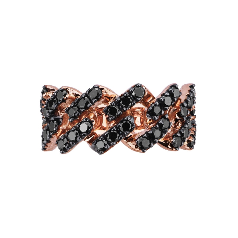 Rosé gold 18k cuban chain link ring with black diamonds  
